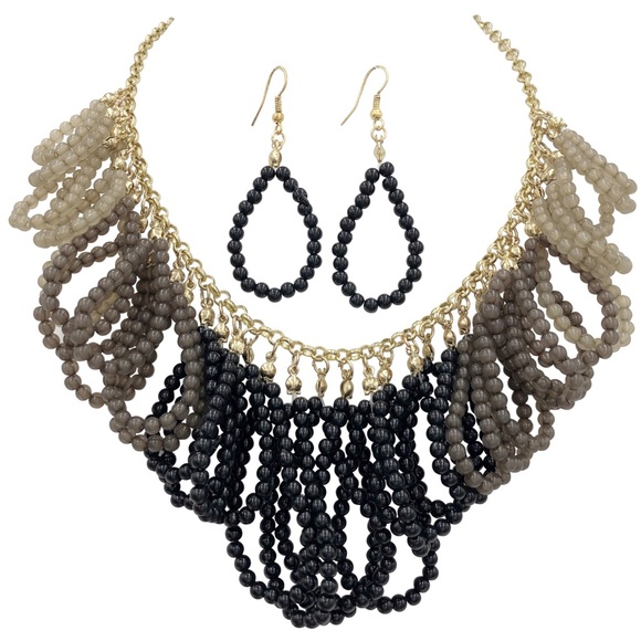 Black Ombré Bead loop Chunky Necklace Earrings Set - Picture 1 of 3